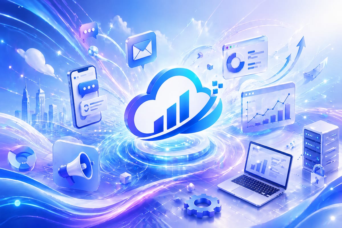 雲域科技品牌示意：雲端、數據圖表、簡訊、廣告、網頁設計與系統維運的整合視覺